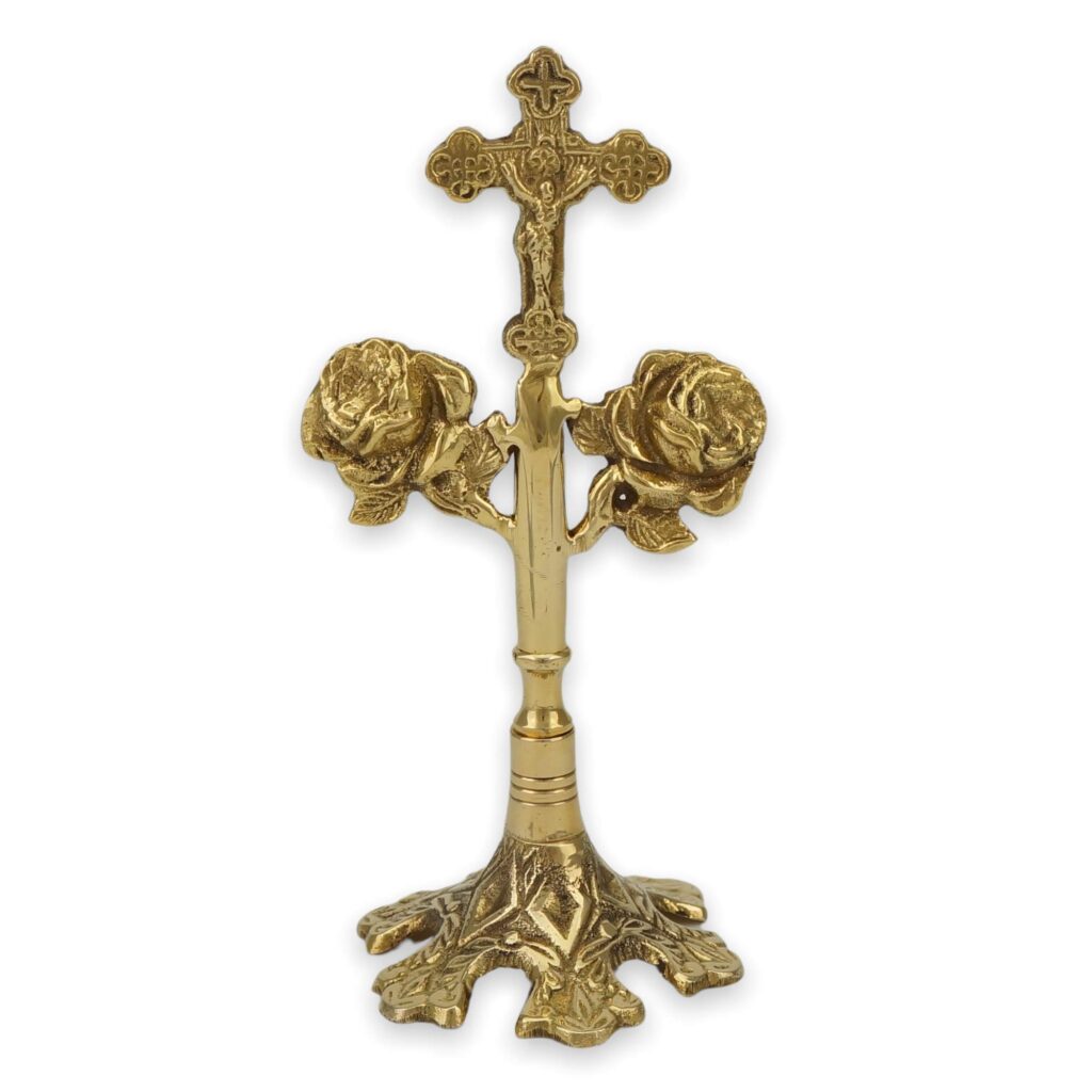 Standing Cross With Roses Brass Standing Cross with Crucifix and Rose Detailing - BlessedMart