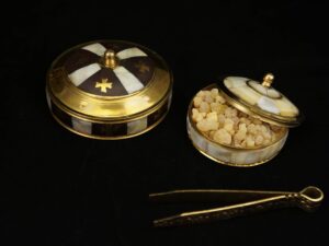 Brass Trinket Box with Lid and Mother of Pearl Inlay Cross Detailing