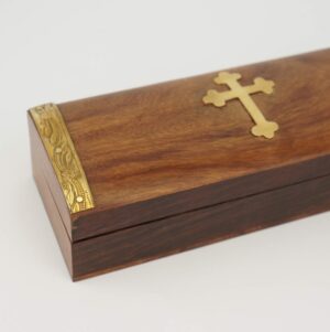 Decorative Wooden Box with Brass Cross and Hinged Lid