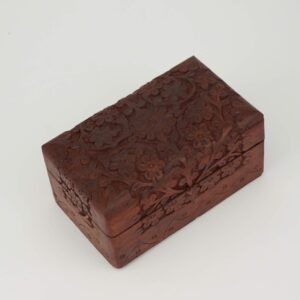 Hand Carved Flower Design Wooden Box with Hinged Lid and Velvet Lining