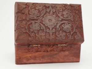 Hand Carved Flower Design Wooden Box with Hinged Lid and Velvet Lining