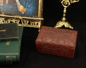 Hand Carved Flower Design Wooden Box with Hinged Lid and Velvet Lining