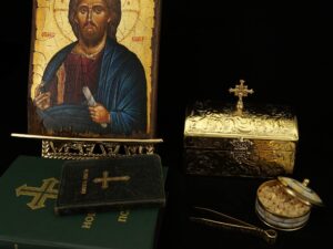 Ornate Brass Box with Hinged Lid Cross and Velvet Lining