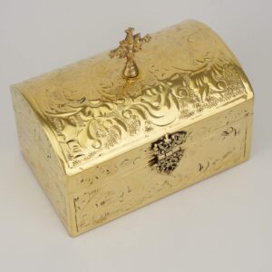 Ornate Brass Box with Hinged Lid Cross and Velvet Lining