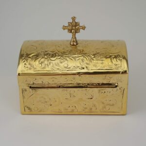 Ornate Brass Box with Hinged Lid Cross and Velvet Lining
