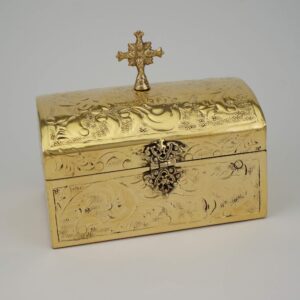 Ornate Brass Box with Hinged Lid Cross and Velvet Lining
