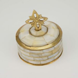 Round Brass Box with Mother of Pearl Inlay and Cross Shape Decorated Lid