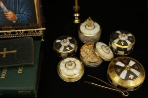 Round Brass Decorative Box with Lid Mother of Pearl and Cross Detailing