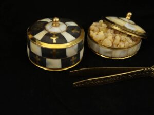 Round Brass Decorative Box with Lid Mother of Pearl and Cross Detailing