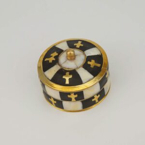 Round Brass Decorative Box with Lid Mother of Pearl and Cross Detailing