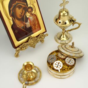 Round Brass Jewellery Box with Mother of Pearl Inlay and Cross Shape Lid Handle