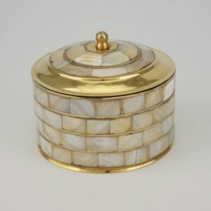 Round Brass Trinket Box with Mother of Pearl and Lid