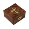 Small Hand Carved Wood Storage Box with Hinged Lid and Metal Cross Decoration
