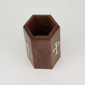 Wooden Pen and Pencil Holder with Metal Cross Decorations