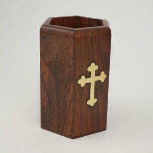 Wooden Pen and Pencil Holder with Metal Cross Decorations