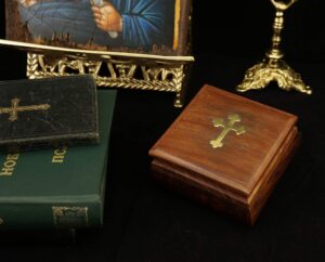 Wooden Trinket Box with Lid and Metal Cross Decoration