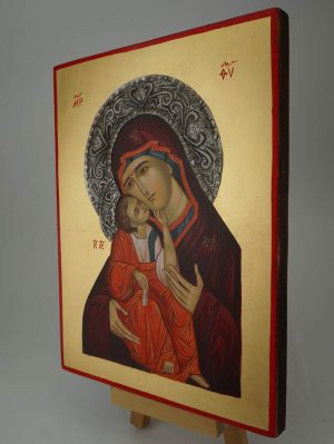 theotokos sweet kissing icon with metal decorated halo hand painted