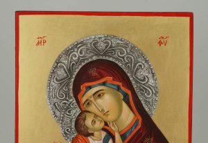 theotokos sweet kissing icon with metal decorated halo hand painted