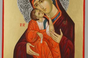 theotokos sweet kissing icon with metal decorated halo hand painted