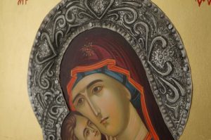 theotokos sweet kissing icon with metal decorated halo hand painted