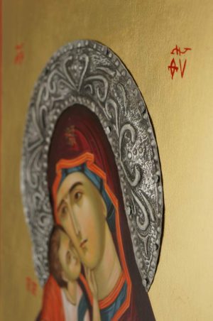 theotokos sweet kissing icon with metal decorated halo hand painted