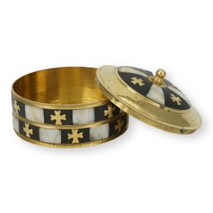 round brass incense box with cross detailing