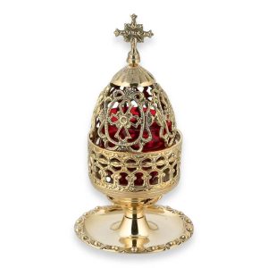 brass standing vigil lamp with cross design lid