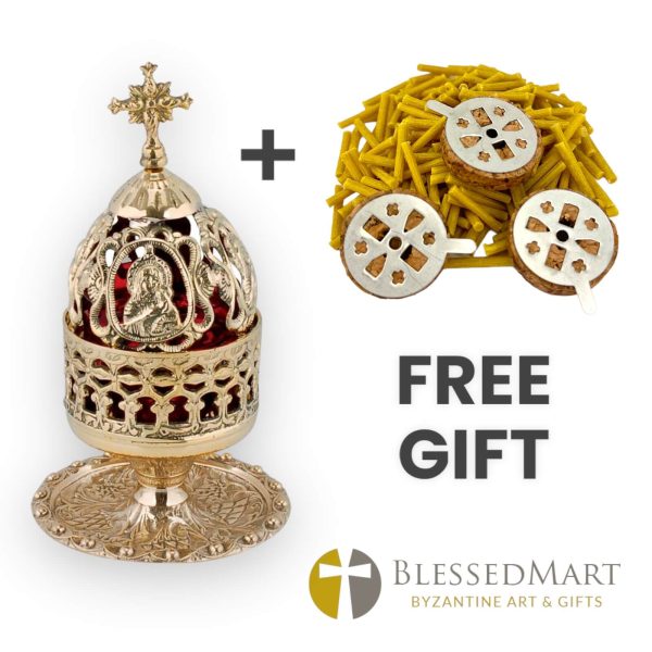brass standing vigil lamp with theotokos design lid