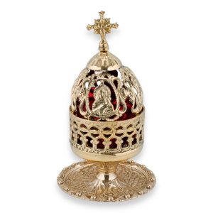 brass standing vigil lamp with theotokos design lid