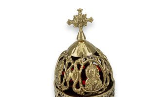 brass standing vigil lamp with theotokos design lid