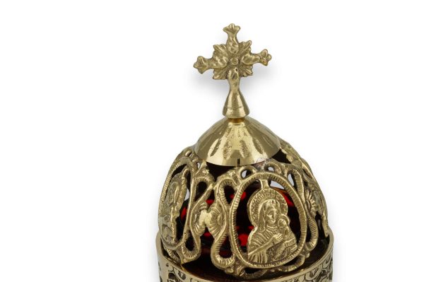 brass standing vigil lamp with theotokos design lid