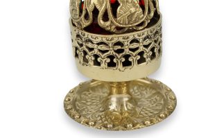 brass standing vigil lamp with theotokos design lid