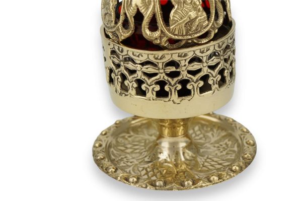 brass standing vigil lamp with theotokos design lid