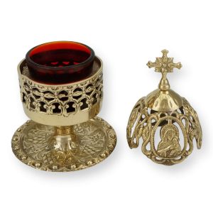 brass standing vigil lamp with theotokos design lid