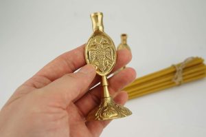 set of byzantine eagle brass candle holders and candles