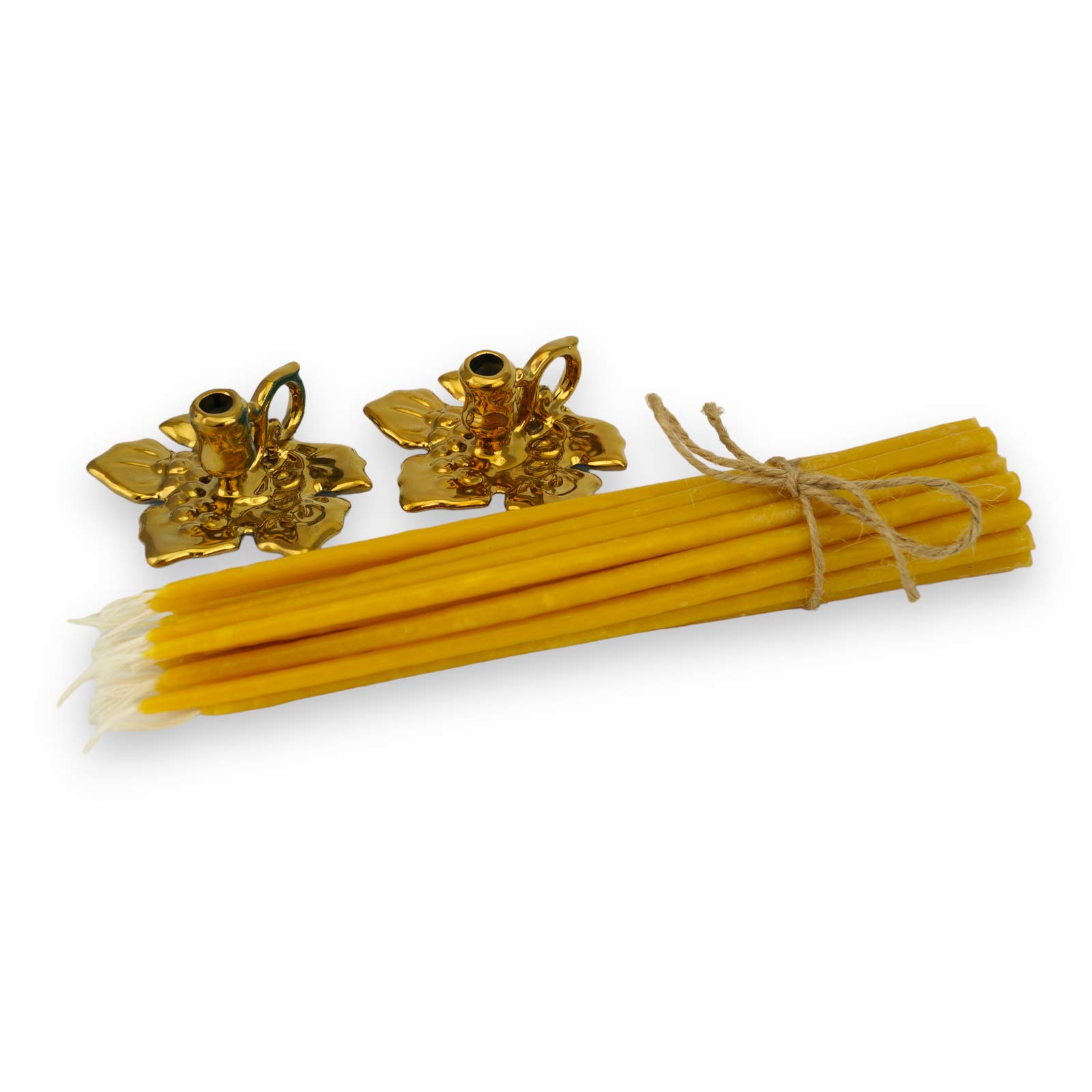 Set of 2 Leaf Shape Ceramic Candle Holders and 20 Candles Gold