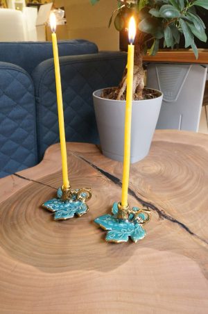 set of leaf shape ceramic candle holders and beeswax candles