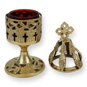 standing brass vigil lamp with grapevine decoration